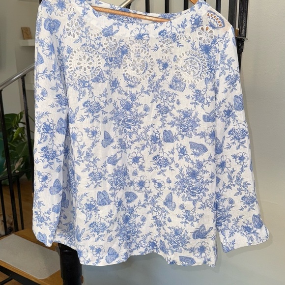 Charter club 100% linen floral embroidered women’s shirt sz  Large white/blue - Picture 8 of 10